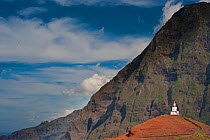 Ermita de Nuestra Senora de Candelaria (Nuestra Senora de Candelaria Church) in a vast mountain landscape. Frontera, east coast of El Hierro Island, Canary Islands, , February 2011.