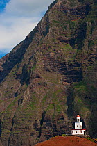 Ermita de Nuestra Senora de Candelaria (Nuestra Senora de Candelaria Church) in a vast mountain landscape. Frontera, east coast of El Hierro Island, Canary Islands, , February 2011.