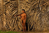 Portrait of a Huaorani man with his blowgun, standing by the wall of a traditional forest dwelling. Bameno Community, Yasuni National Park, Ecuador, May 2007. Model release B#1.