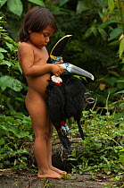 Huaorani Indian child holding hunted toucans. Gabaro Community, Yasuni National Park, Ecuador, June 2007. Model release #GA13.