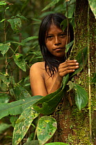 Portrait of a Huaorani Indian girl. Gabaro Community, Yasuni National Park, Ecuador, June 2007. Model release #GA09.