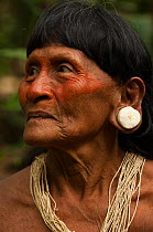 Huaorani Indian woman with achiote face paint. She has the typical stretched ear lobes common amoung the Huaorani. They often wear balsa ear plugs. Gabaro Community, Yasuni National Park, Ecuador, Jun...