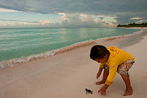 A child releasing a newly hatched turtle. Marine Turtle Sanctuary of Xcacel and Xcacelito, Quintana Roo, Yucatan Peninsula, Mexico. Model release #YP1.