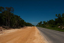 New Road between Felipe Carrillo Puerto & Mahahual. The road links to a planned tourism development in an environmentally sensitive area. Mahahual Peninsula, Quintana Roo, South Yucatan Peninsula, Mex...