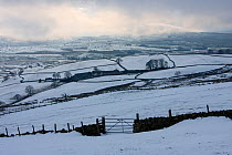 Winter landscape with traditional small fields and  farm in snow, Gwynedd, North Wales, UK, February 2009