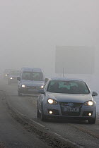 Traffic in freezing fog and heavy snow, Denbighshire, Wales, UK, December 2012