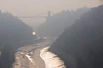 Avon Gorge, Leigh Woods and the Clifton Suspension Bridge in mist, Bristol, UK, January 2009