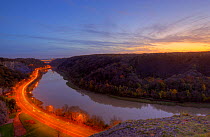 View of the Avon Gorge, the Portway road and Leigh Woods at sunset, Bristol, UK, November 2009