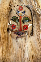 Nyapo 'the fisherman', mask used in Aji Lhamu dance. The hair is of a 'wild' sheep, called Raruk. Rupa Gompa Museum, Rupa, Arunachal Pradesh, India.