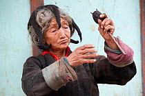 Old Monpa lady with typical head dress made from Yak hair, spinning wool. Arunachal Pradesh, India, February 2011.