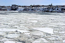 Ice floe melting along the shore of St Lawrence River. Levis, Quebec, Canada, January 2009.
