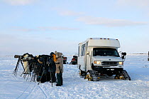 Photographers taking pictures of Polar Bear (Ursus maritimus) by their snow-vehicle. Wapusk National Park, Manitoba, Canada, March 2011.