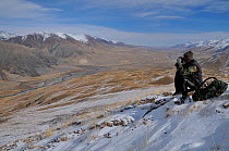 A man sitting on a snowy hill above a valley searching landscape with binoculars for wildlife, Naryn National Park, Kyrgyzstan, Central Asia, November.