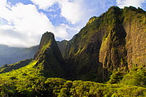 Lao Needle or known by the Hawaiian name Kuka emoku. The peak is known as the phallic stone of Kanaloa, Hawaiian god of the ocean. September 2010.