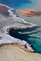 Doublet Pool showing mineral deposition. Gesyer Hill Complex, Upper Geyser Basin, Yellowstone National Park, Wyoming, USA, September 2006.