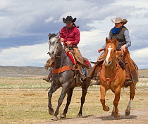Two female cowboys on horses,  Sombrero Ranch, Colorado, USA, May 2010, model released