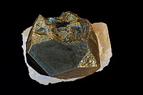 Pyrite on Talc. Pyrite (FeS2, iron sulfide) is popularly known as 'fool's gold', formerly used in the production of sulfuric acid. Talc is easily distinguishable by its extreme softness, used in lubri...