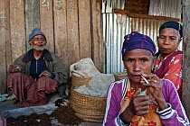 Portrait of elderly East Timorese men and women in hut in traditional clothing, Maubara, East Timor, August 2010.