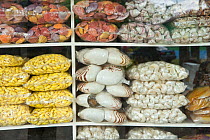 Stacks of seashells for sale for decorative market, Indonesia, July 2008.