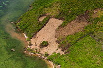 Aerial view of slash and burn area on island causing run-off of soil into the coastal reefs and siltation, Philippines, May 2009.