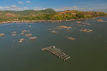 Aerial view of large numbers of fish pens choking Malampaya Sound, habitat of the highly endangered Irrawaddy dolphin, Palawan, Philippines, April 2010.