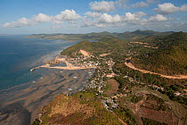 Aerial view of the town of Taytay where massive road developments and landslides have carved out their image in the landscape, and caused deforestation and siltation, Palawan, Philippines, April 2010.