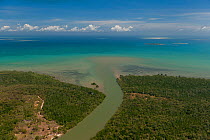 Aerial view of estuarine channel with mangroves at the mouth and some barren patches, and siltation at the mouth of the channel, Palawan, Philippines, April 2010.