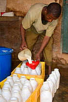 Keeper mixing special milk formula for the orphaned elephants (Loxodonta africana). David Sheldrick Wildlife Trust Nairobi Elephant Nursery, Kenya, August 2008.