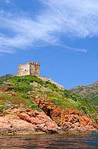 17th century Genoese watch tower perched on volcanic rock (rhyolite porphyry) headland, within a UNESCO World Heritage site and Corsica's National Park (Parc Naturel Regional de Corse). Corsica, Franc...