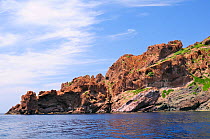 Rocky volcanic (rhyolite porphyry) headland on Scandola nature reserve, a UNESCO World Heritage site within Corsica's National Park (Parc Naturel Regional de Corse). Corsica, France, May 2010.