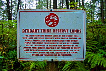 A sign warning hikers about tribal reserve lands. The West Coast Trail, Pacific Rim National Park, Vancouver Island, Canada, September 2010.