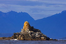 A secluded island in front of coastal mountains.  Sail Rock, The Broken Groups Islands, Barkley Sound, Vancouver Island, Canada, September 2009.