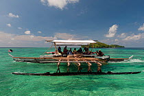 A traditional sailing canoe of M'Buke Islanders, part of the community canoe making project of WWF Western Melanesia. This big outrigger canoe can easily sleep 20 people. New Ireland, Papua New Guinea...