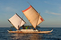 A traditional sailing canoe of M'Buke Islanders, part of the community canoe making project of WWF Western Melanesia. This big outrigger canoe can easily sleep 20 people. New Ireland, Papua New Guinea...