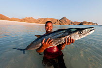 Fisherman carrying a Spanish mackerel (Scomberomorus sp) caught off Komodo Island, Indonesia, August 2009.
