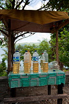 Plastic bottles containing half a litre of petrol for sale for vehicles passing along the main road. A common sight throughout Indonesia, November 2009.