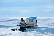 Inuit hunter driving snowmobile with a qamutik (Inuit sledge) on icepack. Arctic Bay, Baffin Island, Nunavut, Canada, June 2011.