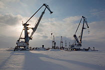 Cranes and drilling derricks near at the port in Sabetta in the South Tambey gas field. Yamal Peninsula, Western Siberia, Russia, March 2011