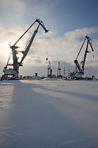 Cranes and drilling derricks at the port in Sabetta in the South Tambey gas field. Yamal Peninsula, Western Siberia, Russia, March 2011