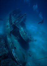 Looking down on the shipwreck of the small freighter 'Ora Verde' that sank in 1980, Grand Cayman Island, Caribbean Sea Model released.