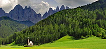 The chapel Sankt Johann at Val di Funes / Villnösstal, in the foothills of the Dolomites, Italy. July 2010.