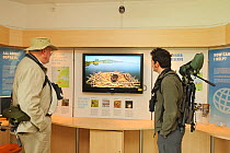 Visitors watch the Manton Bay Ospreys (Pandion haliaetus) on live web cam in the Lyndon Visitor Centre, Rutland Water, Rutland, UK, April 2011