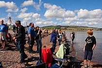 Visitors on Chanonry Point watching Bottlenose dolphin (Tursiops truncatus) Moray Firth, Inverness-shire, Scotland, UK, August