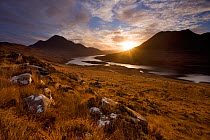 Loch Lurgainn, Cul Mor (left) and Ben More Coigach at dawn, Coigach, Highland, Scotland, UK, November