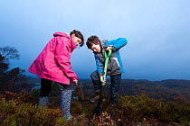 Children from Lochinver primary school planting trees on moorland at Culag Wood, Sutherland, Highlands, Scotland, UK, January 2011