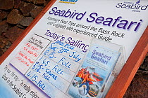 Signs for various wildlife tourism activities from the Seabird Centre, North Berwick , Scotland, UK, July 2010