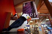 Souvenir shop inside the Scottish Seabird Centre in North Berwick showing economic benefits of presence of Bass Rock, Firth of Forth, Scotland, UK, July 2010