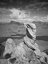 View from summit of Sgorr Tuath, sandstone pinnacles, Assynt mountains, Highland, Scotland, UK, June 2011, greyscale