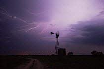 Wind mill with lightning. Sinton, Corpus Christi, Coastal Bend, Texas, USA, June.