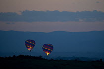 Two Hot air safari balloons rising up from the Masai Mara reserve at dawn, Kenya, July 2011